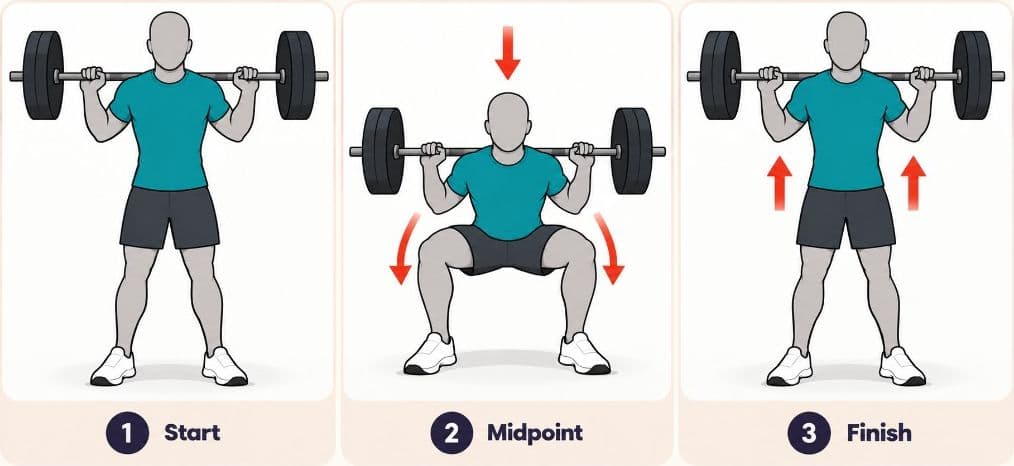 Back squat front view: start, midpoint, and finish with barbell