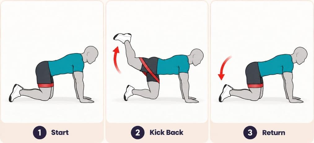 Banded kickback: start, kick back, and return on all fours with a band around the thighs