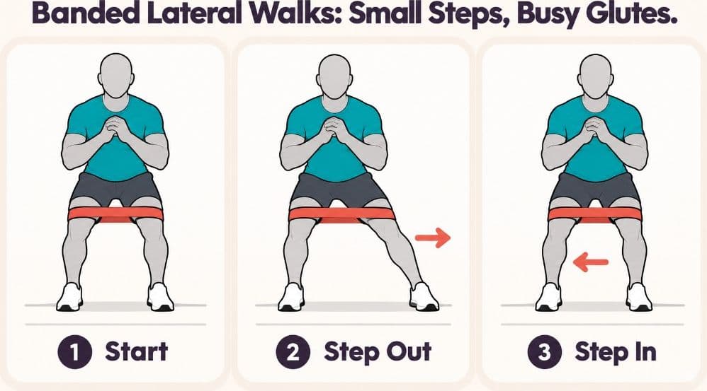 Banded lateral walk front view: start, step out, and step in with a band above the knees