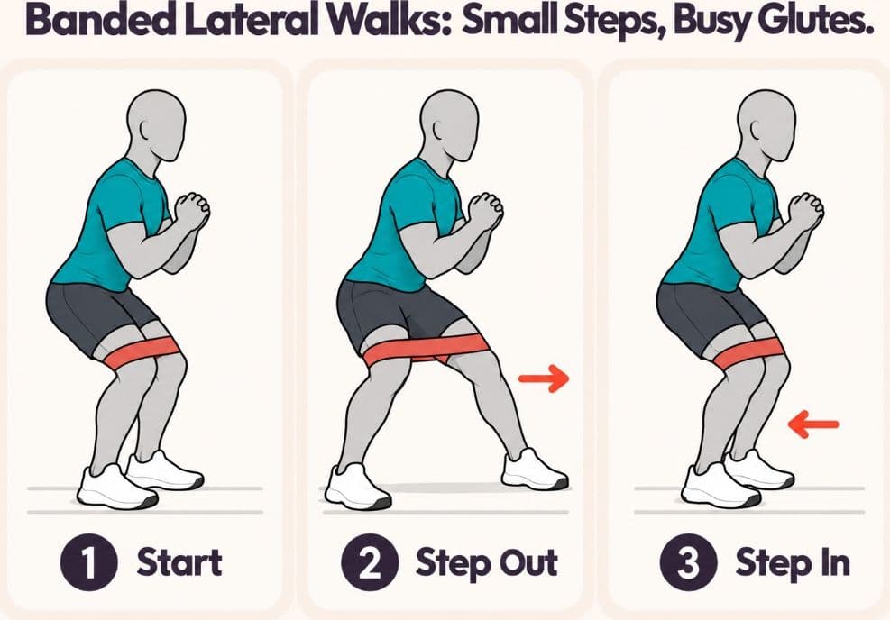Banded lateral walk side view: start, step out, and step in with a band above the knees
