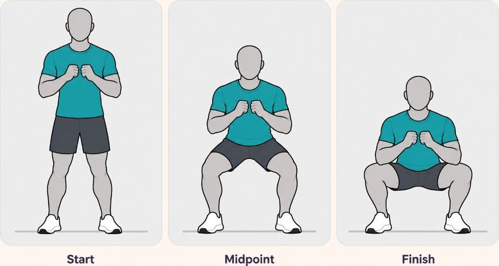 Bodyweight squat front view: start, midpoint, and finish positions