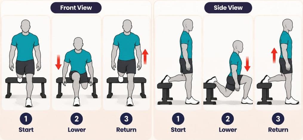 Bulgarian split squat front and side views: start, lower, and return with rear foot on a bench