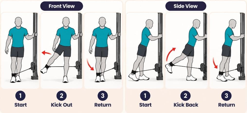 Cable kickback front and side views: start, kick out or kick back, and return at the cable machine