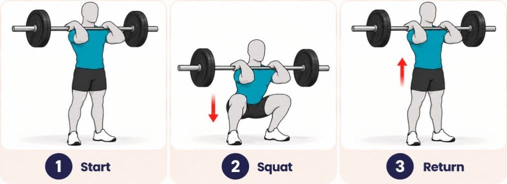 Front squat side view: start, squat, and return with barbell in front rack