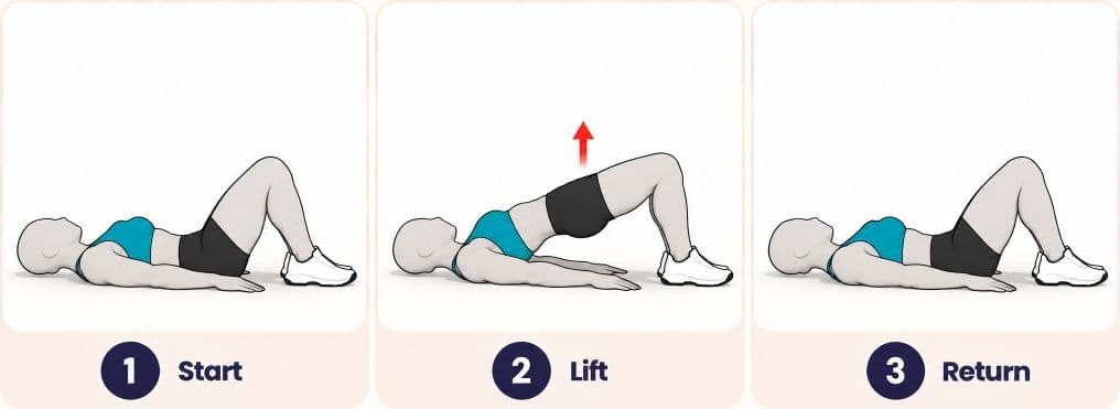Glute bridge side view: start, lift, and return