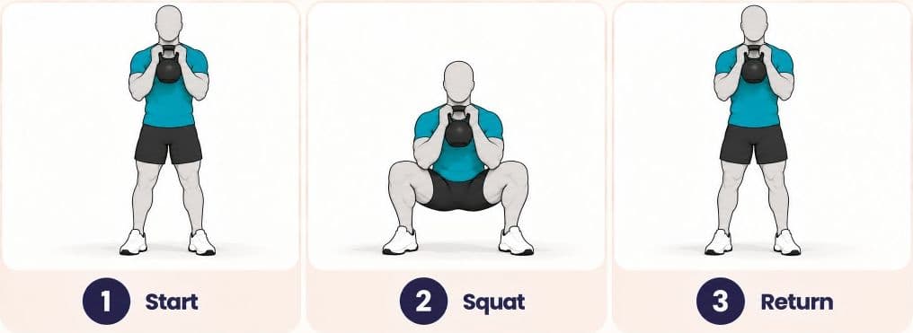 Goblet squat side view: start, squat, and return with kettlebell at chest