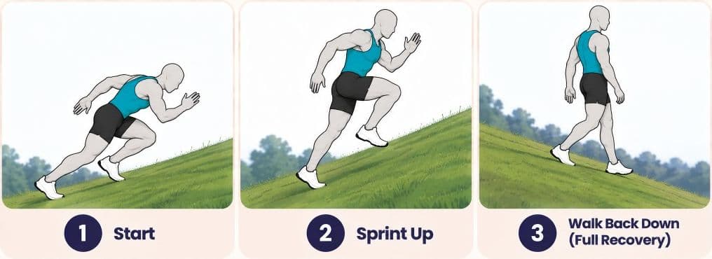 Hill sprint: start at the bottom, sprint up the hill, and walk back down for recovery