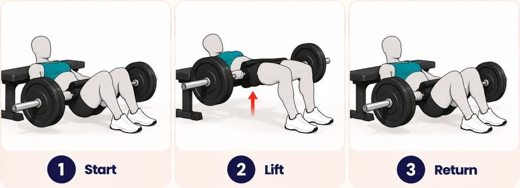 Barbell hip thrust side view: start, lift, and return with shoulders on bench