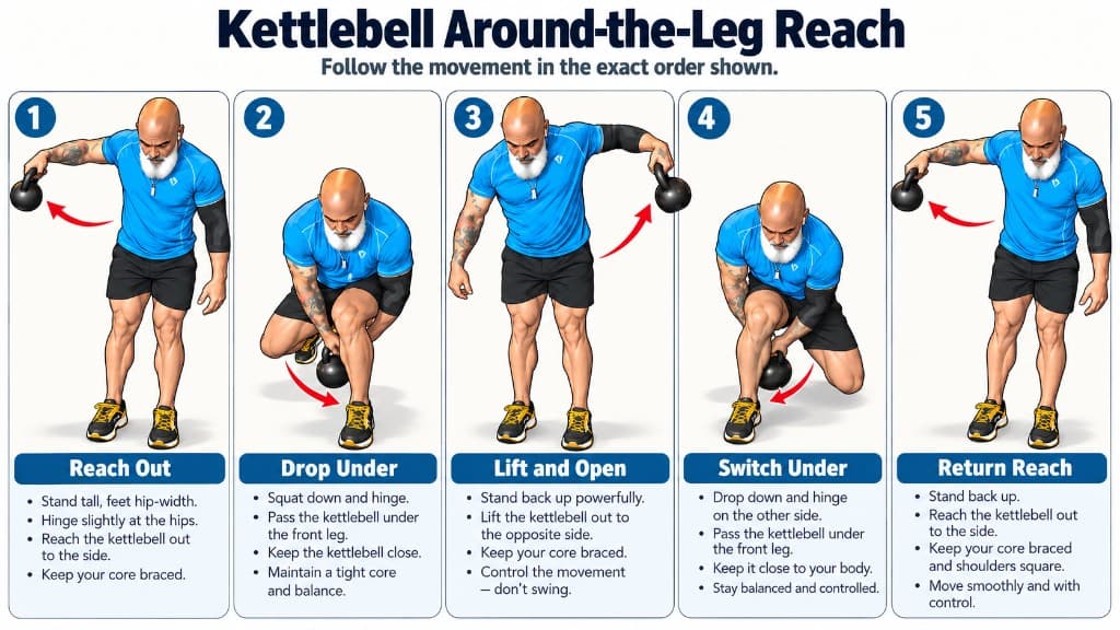 Kettlebell around-the-leg reach: reach out, pass under the leg, lift and open, switch under, return reach