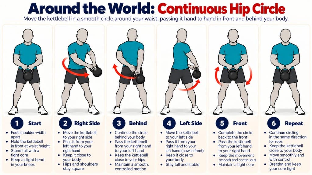 Kettlebell around the world: circle the bell around the waist hand to hand front and behind