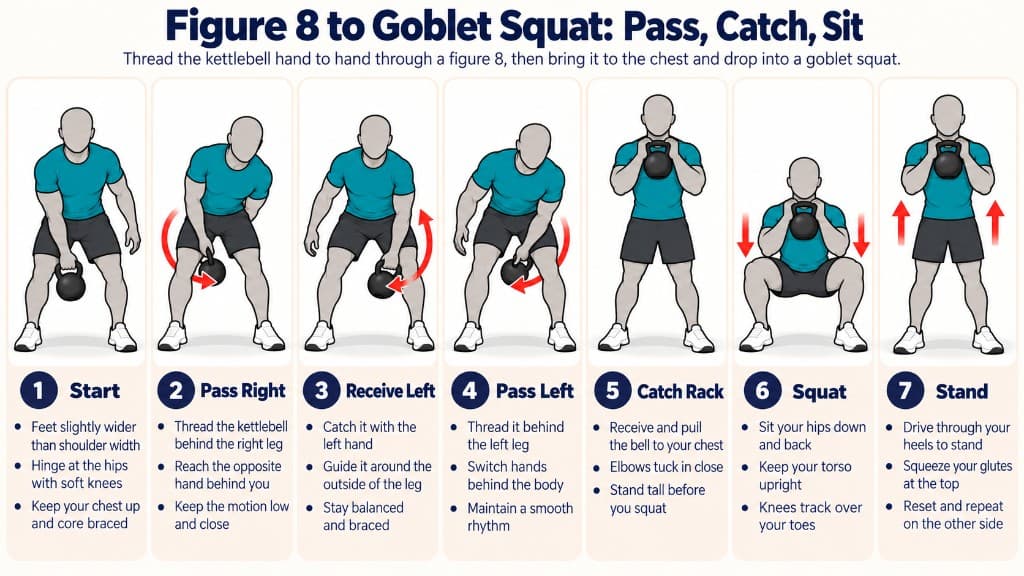 Figure 8 to goblet squat: thread the bell hand to hand, rack at chest, squat, and stand