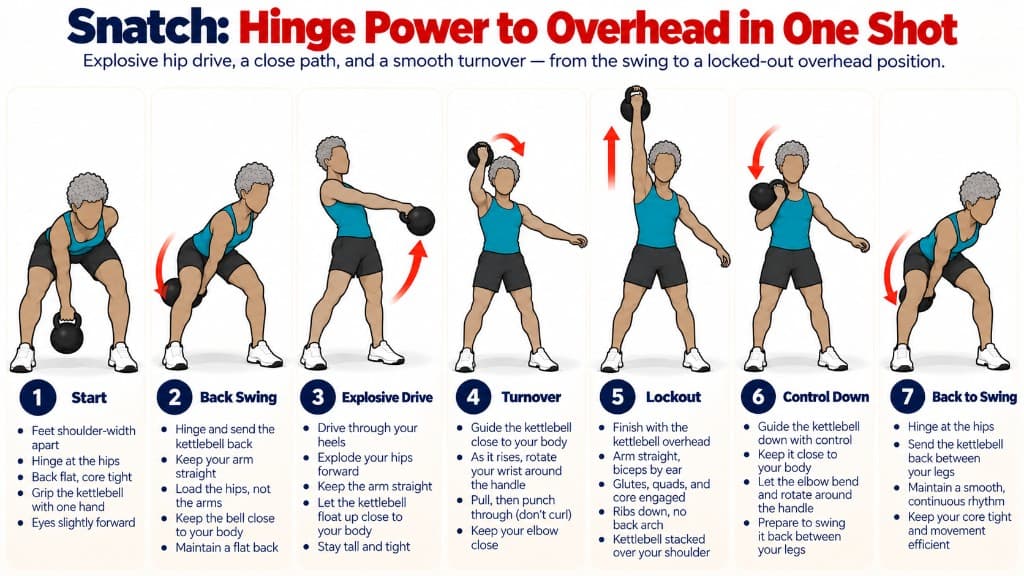 Kettlebell snatch: start and back swing, explosive hip drive, turnover, overhead lockout, controlled lower, and return to swing