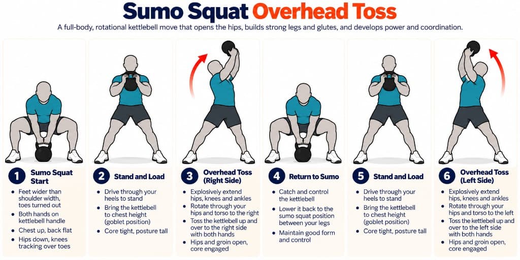 Sumo squat overhead toss: wide squat, goblet load, rotational toss right and left, return to sumo