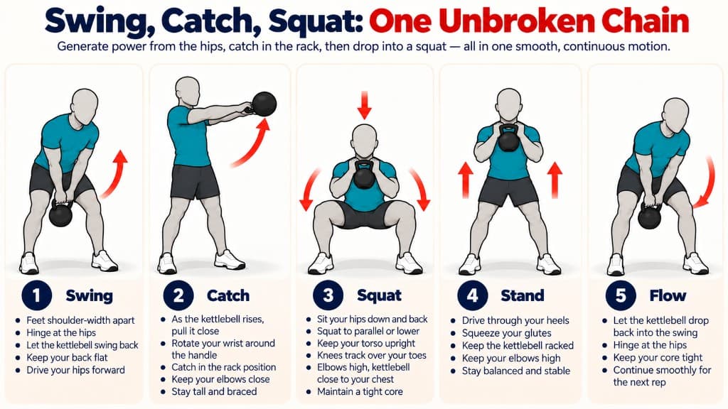 Swing catch squat flow: hip swing, rack the bell, squat, stand, and flow into the next swing