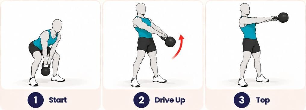 Kettlebell swing side view: start, drive up, and top of the swing