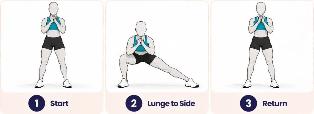 Lateral lunge front view: start, lunge to side, and return