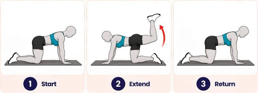 Quadruped hip extension side view: start, extend, and return on all fours