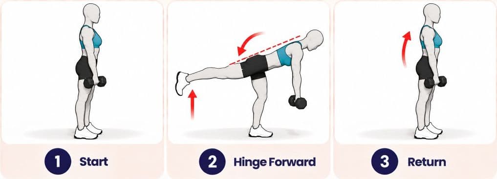 Single-leg Romanian deadlift side view: start, hinge forward, and return