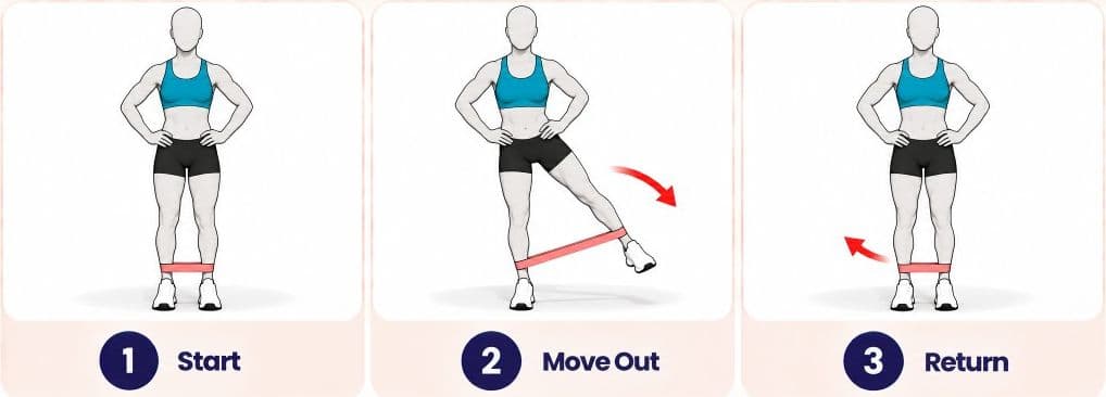 Standing hip abduction with mini band: start, move out, and return