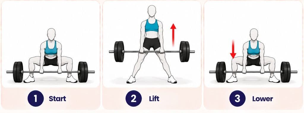 Sumo deadlift front view: start, lift, and lower with barbell