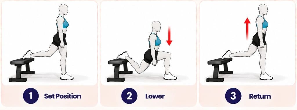 Supported split squat side view: set position, lower, and return