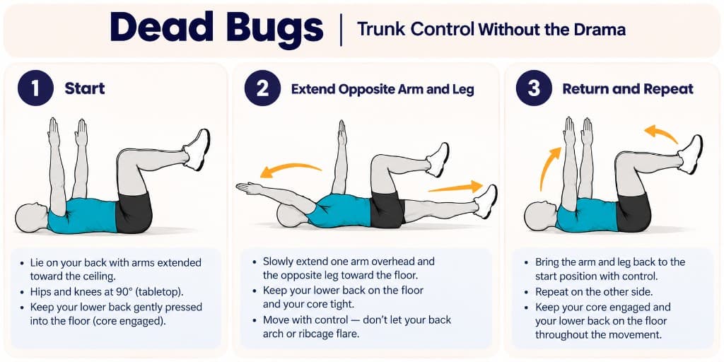 Dead bug on your back: tabletop start, opposite arm and leg extension, and controlled return