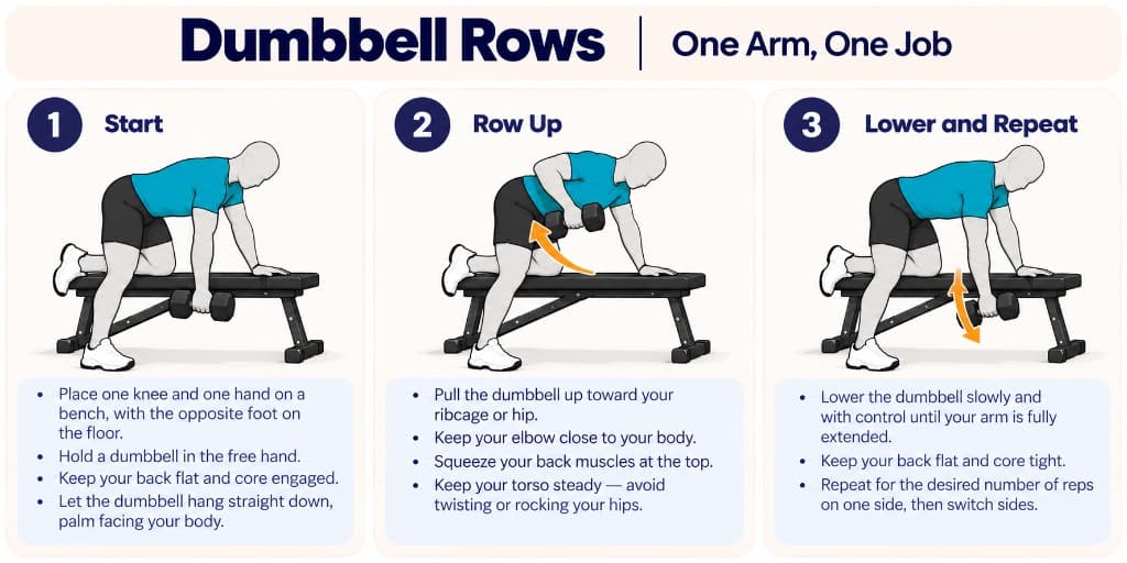 Single-arm dumbbell row on a bench: start hanging, row to the hip, and lower with control