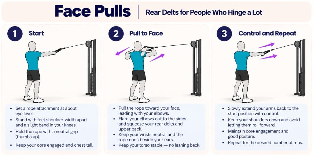 Cable face pull with rope: start with arms extended, pull to face with elbows high, and return with control