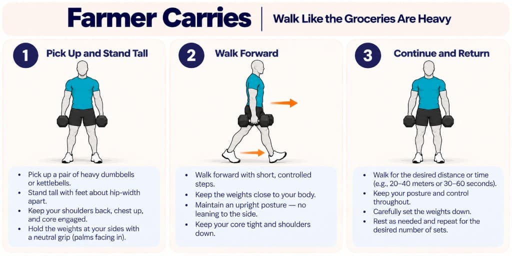 Farmer carry with dumbbells: pick up and stand tall, walk forward, and set down with control