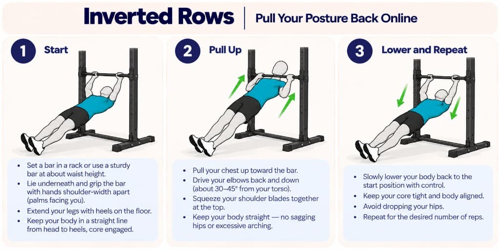 Inverted row under a bar: hang with straight body, pull chest to bar, and lower with control