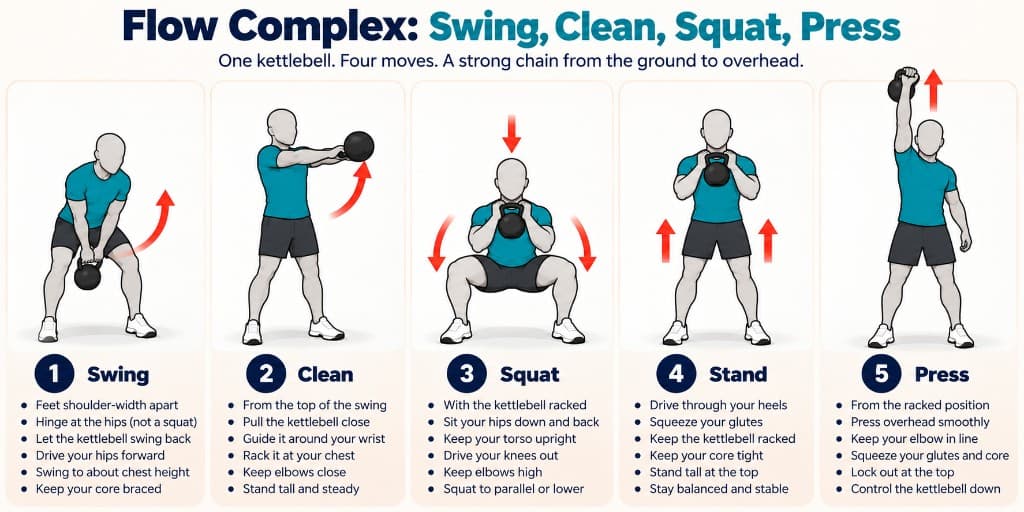 Kettlebell flow complex: swing, clean to rack, squat, stand, and press overhead