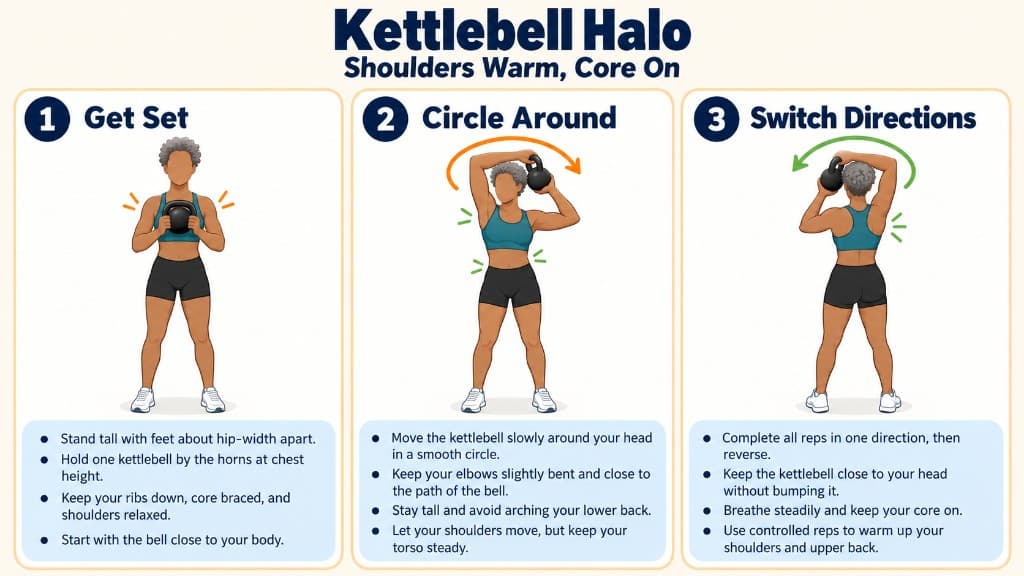 Kettlebell halo: hold at chest, circle around the head, and reverse direction