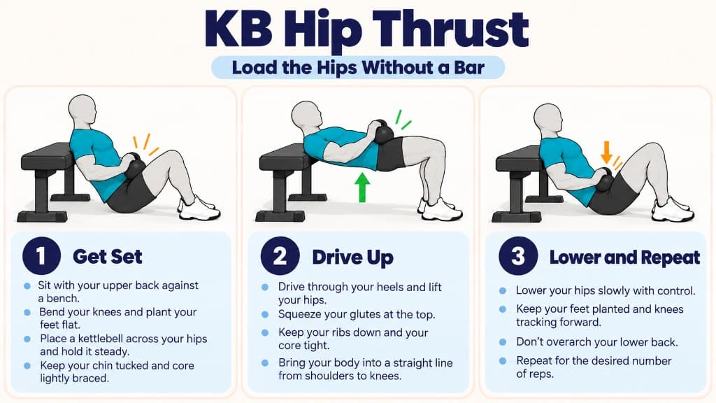 Kettlebell hip thrust: bell on hips, drive up, and lower with control