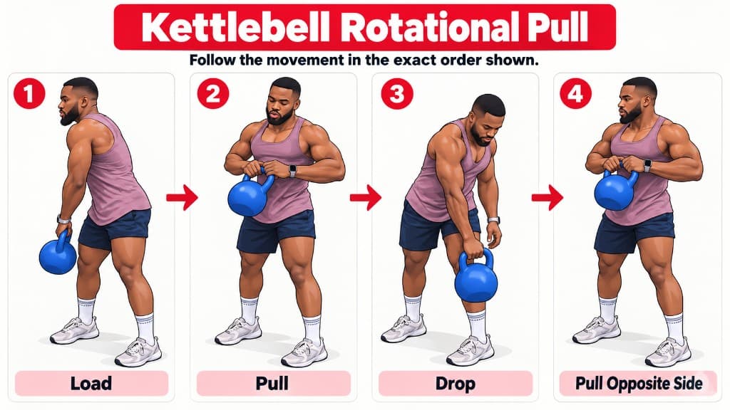 Kettlebell rotational pull: load behind the leg, pull to chest, drop to the opposite side, pull opposite side
