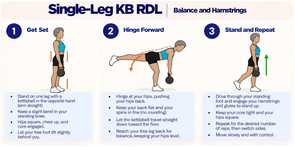 Single-leg kettlebell RDL: stand on one leg, hinge forward, and return to tall posture