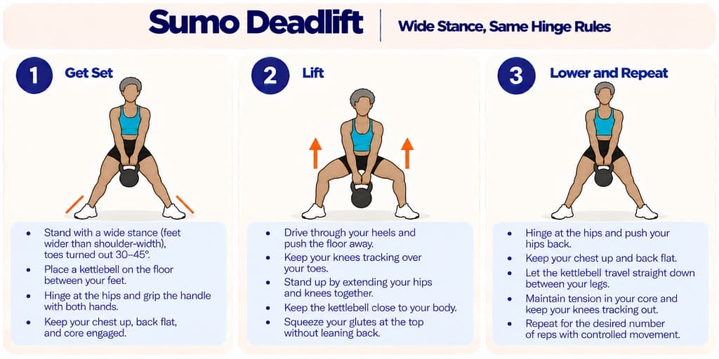 Kettlebell sumo deadlift: wide stance setup, lift, and controlled lower