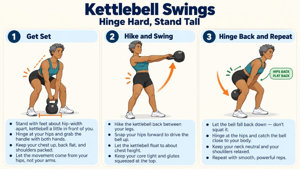 Kettlebell swing: hinge setup, hike and swing to chest height, hinge back and repeat