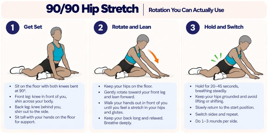 90/90 hip stretch seated: both knees at 90 degrees, rotate and lean forward, hold and switch sides