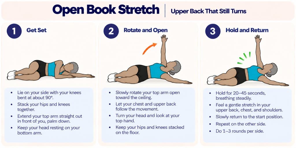 Open book stretch on your side: arms stacked, rotate top arm open, hold and return then switch sides