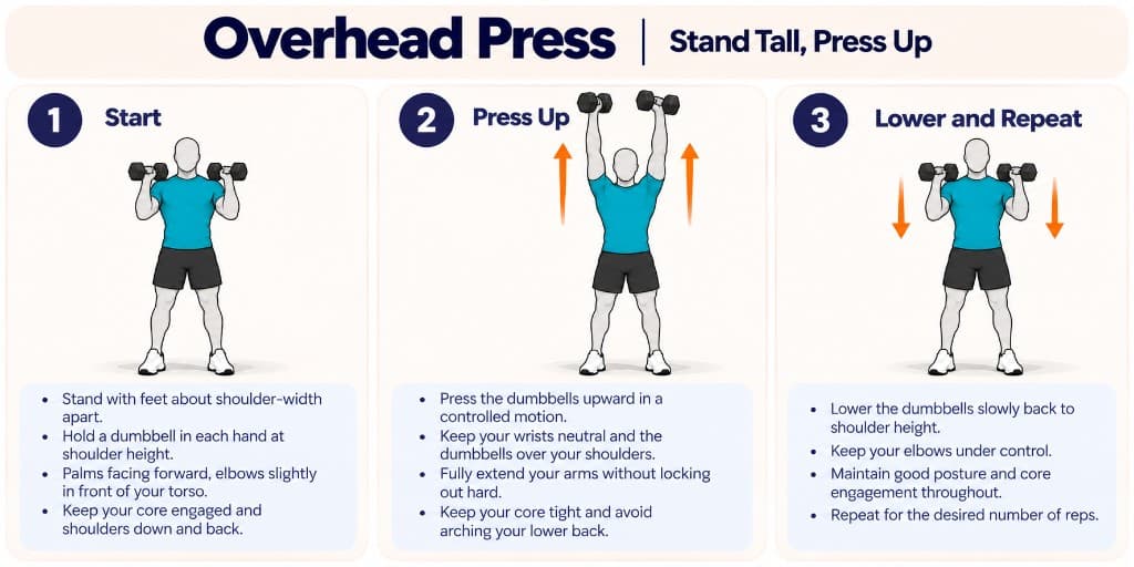 Standing dumbbell overhead press: start at shoulders, press up, and lower with control