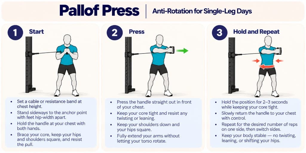 Pallof press at a cable: handle at chest, press out resisting rotation, and return with control