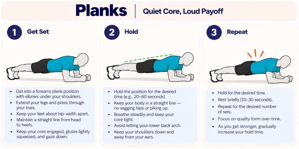 Forearm plank: set up with a straight line, hold with core tight, and repeat quality holds